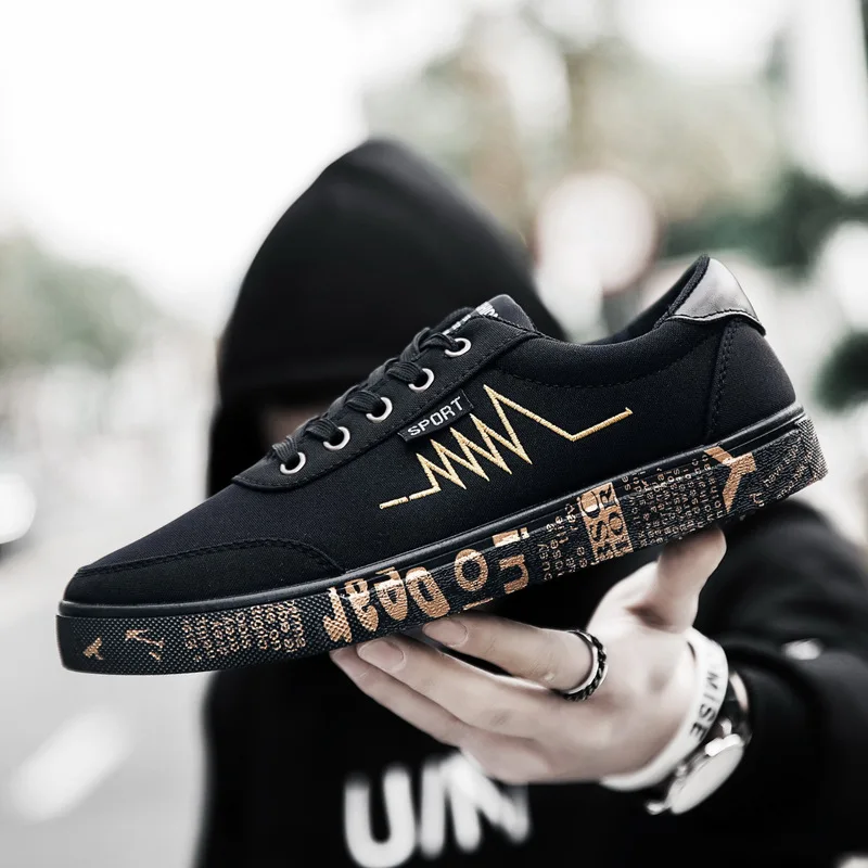 Fashion Printed Canvas Shoes Men Sneakers Low top Black Shoes Lace-up Men's Casual Flats Shoes Male Brand Canvas Sneakers