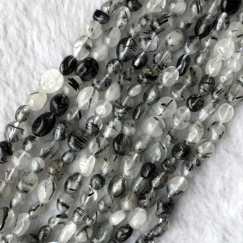 

Natural Genuine Clear Black Hair Needle Rutile Quartz Crystal Nugget Free Form Fillet Irregular Pebble Beads 6x8mm 15" 05678