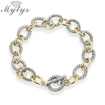 

Mytys Gold Silver Mix Circle Link Chain Bracelet Hand-twisted Toggle-clasps for Women Cable Bracelet B1148
