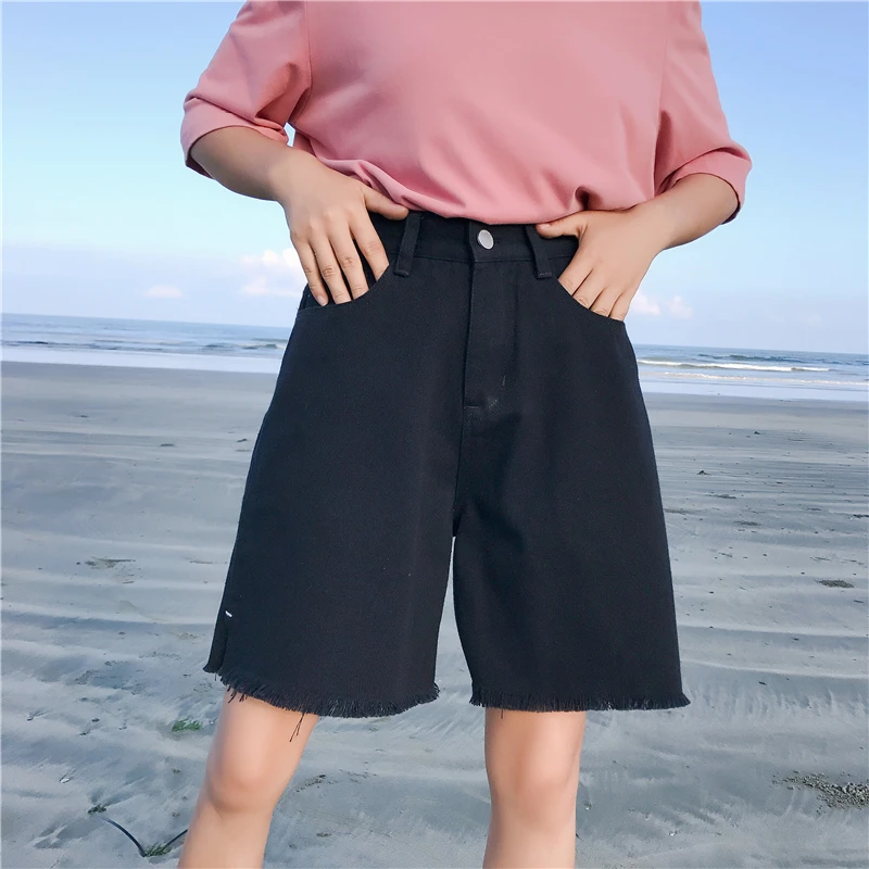 Винтажные широкие шорты с кисточками женские свободные джинсы с высокой талией шорты средней длины Harajuku повседневные летние джинсовые