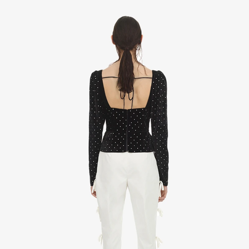 Backless Alta Crop Negro Otoño Vintage Collar Auto De Mujeres Primavera Nova Sexy Cuadrado Moda Diamantes Tops Retrato Las Calidad xSgqAnSZw