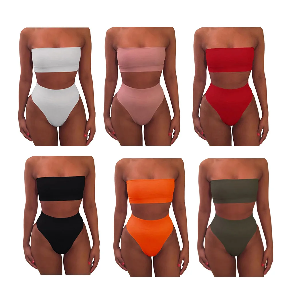 

Solid Color Crop Bra Bikini Swimwear Swimsuit Beachwear Set for Women Girl