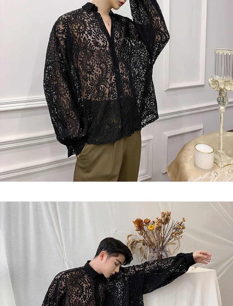XIU LUO brand Men Loose Long Sleeve Translucent Lace Shirt Male Women Streetwear Hip Hop Party Casual Dress Shirts