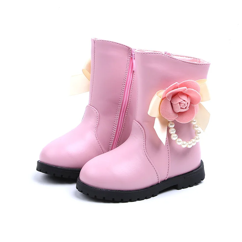 JGVIKOTO/ботинки для девочек модные детские ботинки принцессы с цветочным рисунком для девочек; теплая хлопковая Водонепроницаемая зимняя обувь для больших детей отделка бисером; 26-36 - Цвет: Розовый