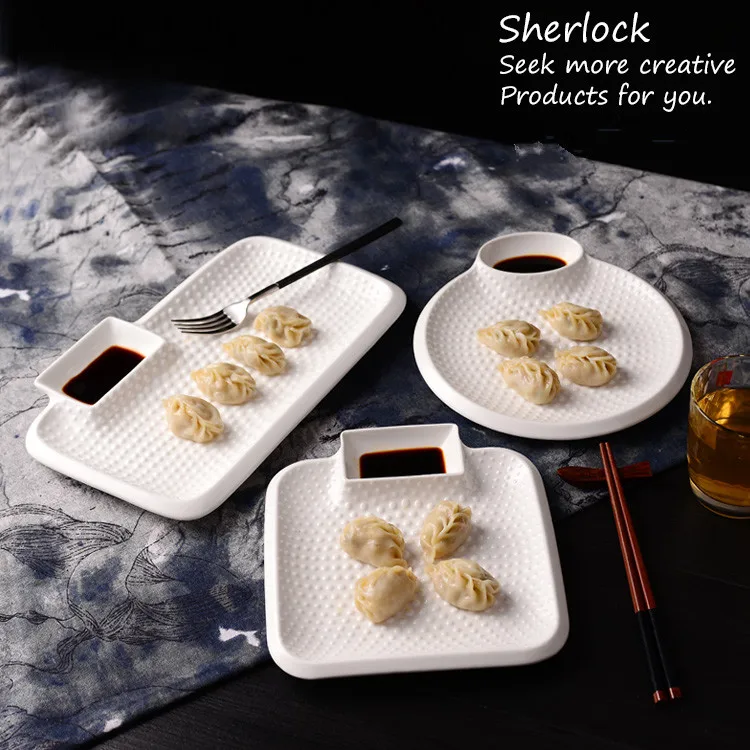 emboss white ceramic dumpling plate with sauce boat porcelain snack