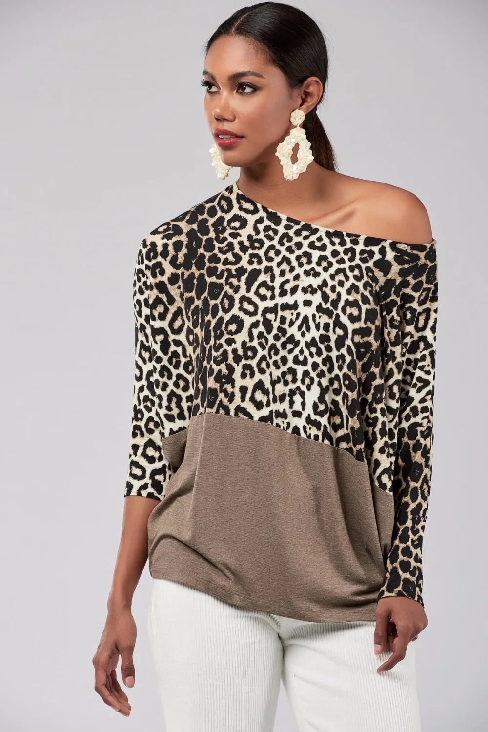 

Women Casual Leopard Print Cowl Neck Long Sleeve Patchwork Shirt Tops Blouse