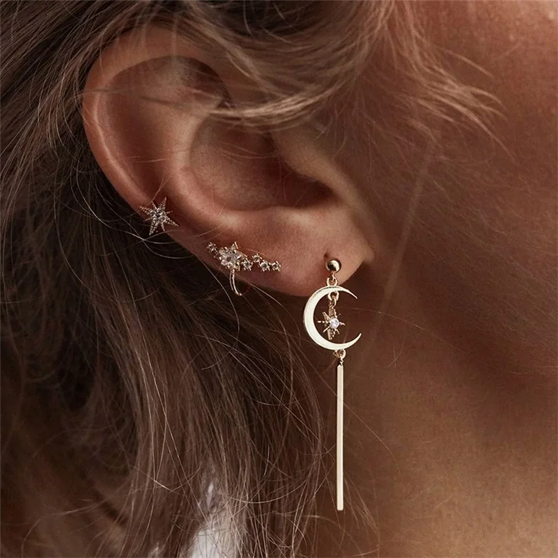 

Women Vintage Earrings Set Water Drop Five Stars Moon Crystal Vertical Pendant Temperament Earring Wedding Party Jewelry