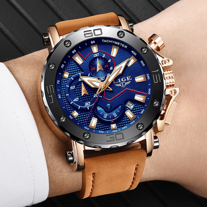 

LIGE Mens Watches Top Brand Luxury Business Chronograph Quartz Watch Mens Casual Leather Waterproof Watch Relogio masculino+Box