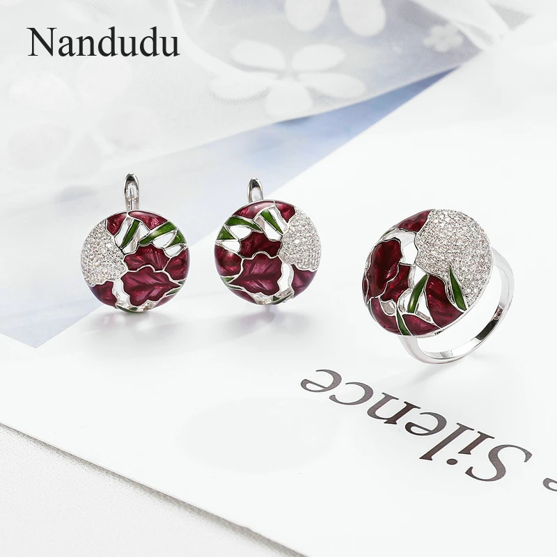 

Nandudu Color Glazed Decoration Ethnic Design Flower Jewelry Sets Enamel Ring and Earrings Sets Pattern Women Girl Accessories