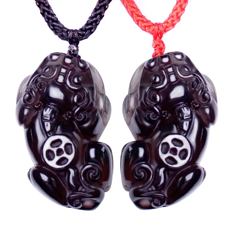

Natural Stone Pendant Necklace Ice Obsidian Brave Troops Handmade Carving With Adjustable Black Red Rope Chain For Men And Women