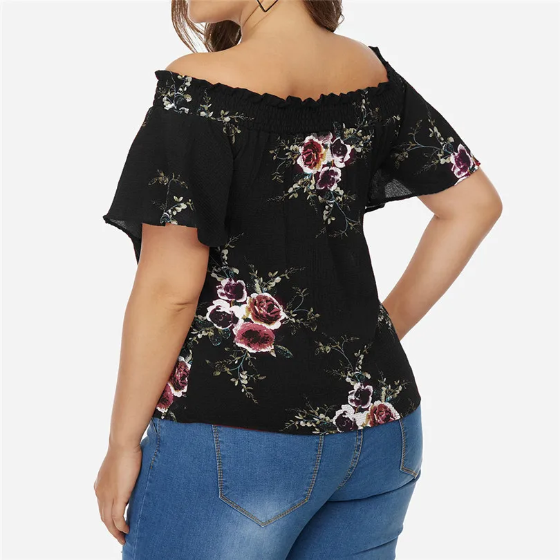New Fashion Women Summer Casual Daily Plus Size Slash Neck Off Shoulder Floral Print Tassel Ribbons Top #4F05 (3)