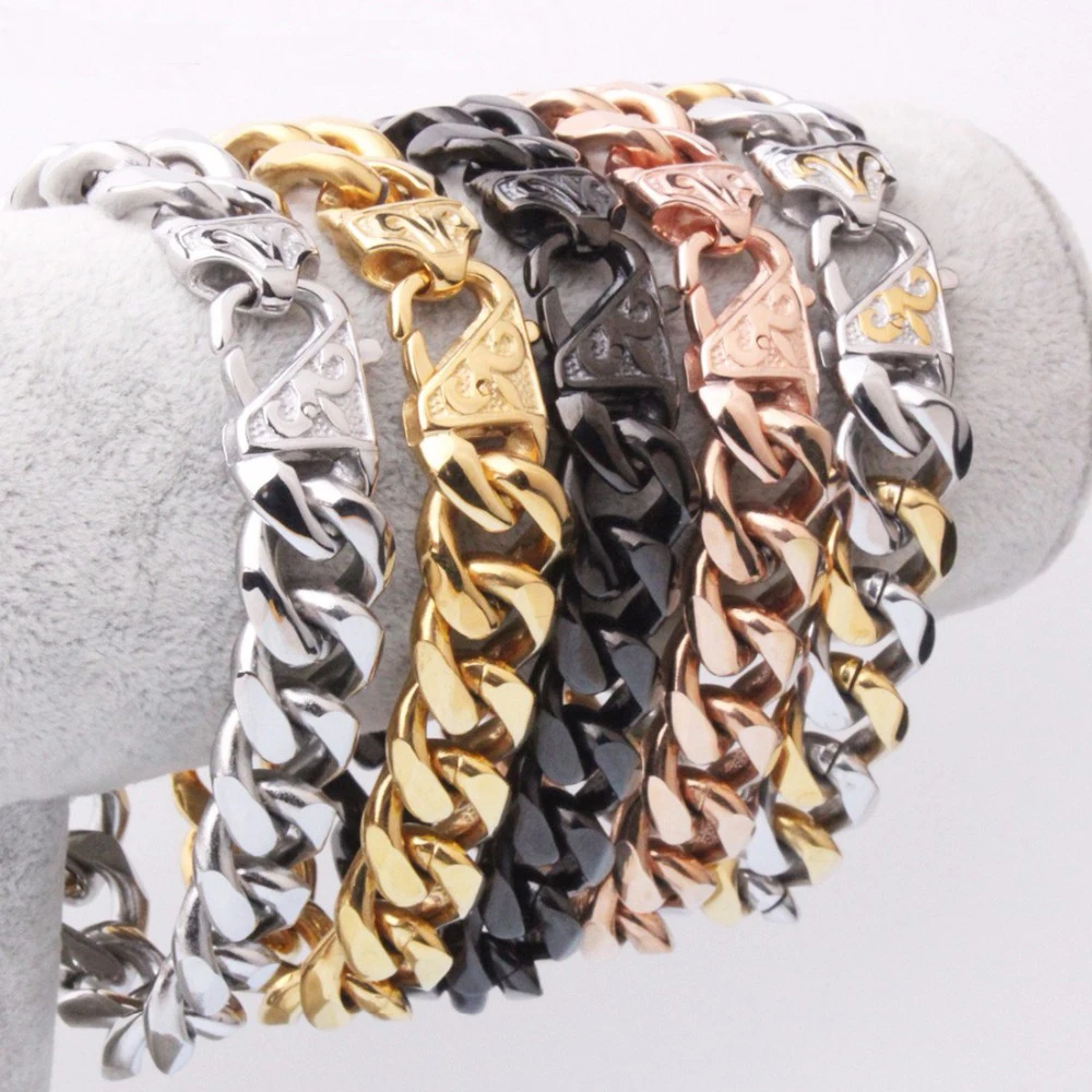 

7-11" 12/15mm Stainless Steel Curb Cuban Link Chain Bracelet Men's Silver Color Rose Gold Color Black Color Cuff Jewelryf