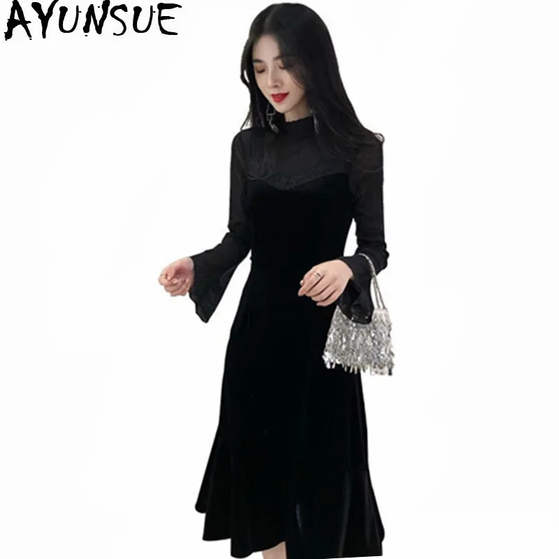 

AYUNSUE 2019 Women Elegant Black Lace Velvet Dress Female Flare Sleeve Autumn Winter Vestido Casual Slim Velour Dresses WXF628