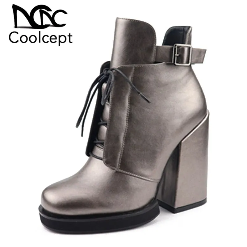 

Coolcept Women Winter Boots Metal Buckle Lace Up Women Shoes Fashion Vintage Ankle Boots Club Party Woman Footwear Size 35-40