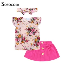 SOSOCOER для маленьких девочек одежда Летняя Одежда для девочек комплект футболка с цветочным принтом юбка повязка на голову модная детская одежда