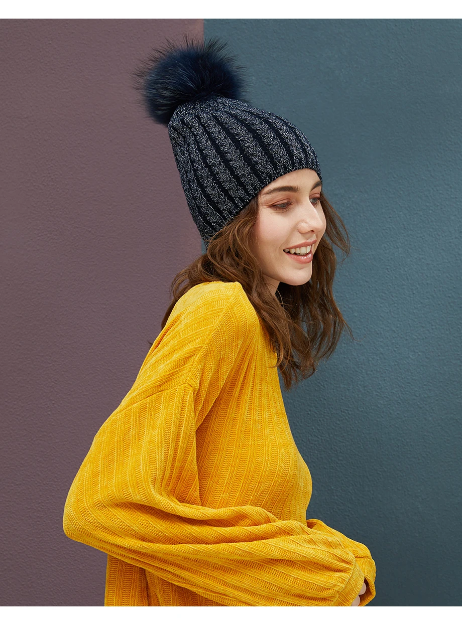 Winter Hats For Women Warm Beanie Real Fur Pompom Wool Hat Female Twist-Type Cap Bright Silk Beanies Women's Hat 5 Colors (6)
