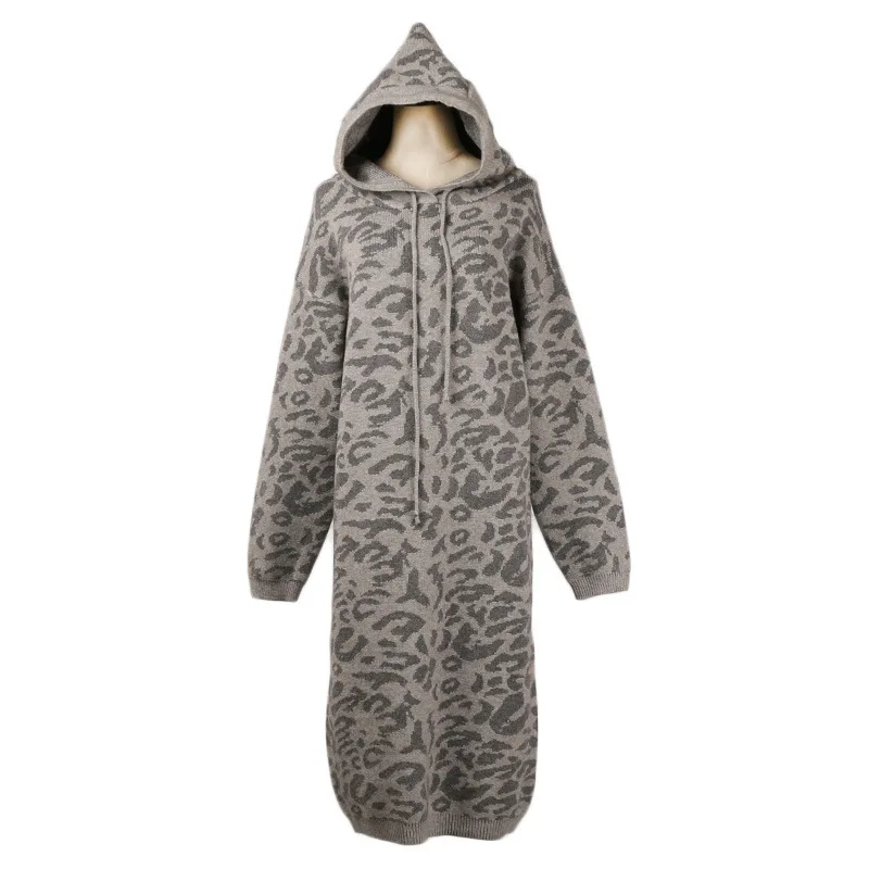 

GRUIICEEN streetwear long sleeve christmas knitted dress women autumn leopard sweater dress with hooded GY2018435