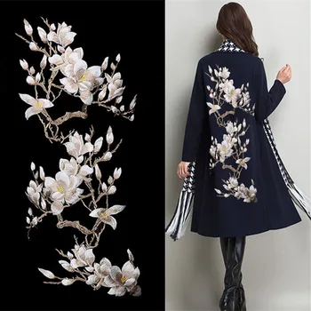 

Magnolia Flower Embroidery Large Applique Patch Lace Fabric Sew On Cloth Dress Decoration Stick Accessory Beige Lace Fabric