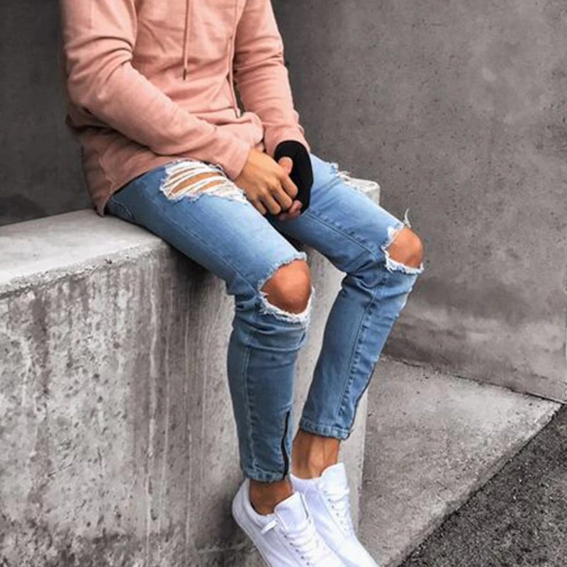  Moda Masculina Solidos Motociclista Zipper Fly Jeans Destruido Buraco Desgastado Rasgado Skinny Slim Fit Calcas Lapis Denim 
