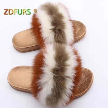 

ZDFURS* Fox Hair Slippers Women Fur Home Fluffy Sliders Plush Furry Summer Flats Sweet Ladies Shoes Size 45 Cute Pantufas