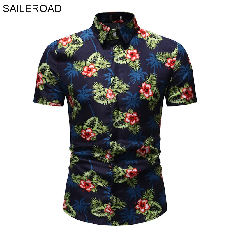 SAILEROAD Мужская рубашка с цветочным принтом Летняя Пляжная Мужская гавайская рубашка с принтом пальмы Повседневная гавайская рубашка с короткими рукавами Chemise Homme