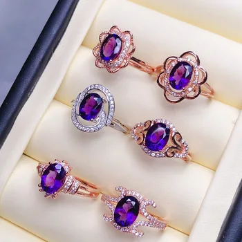 

MeiBaPJ 6 Styles Natural Amethyst Gemstone Fashion Simple Ring for Women Real 925 Sterling Silver Fine Charm Jewelry