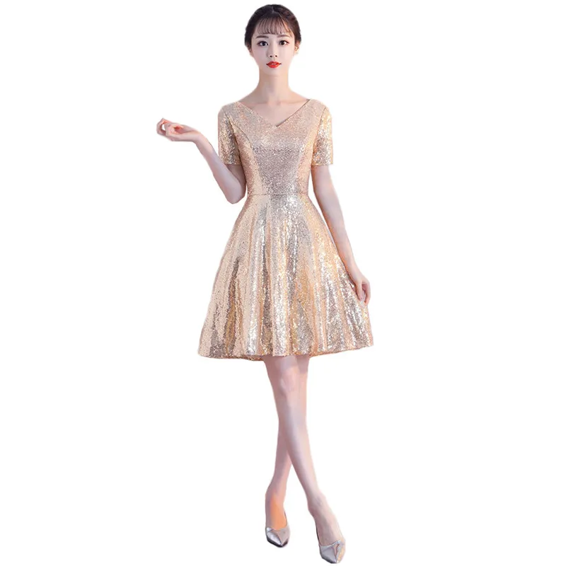 

Golden Party Dress Women XS-2XL Sequined 2019 New Spring Summer Sexy V Neck Slim Short Sleeve Mini Dress Vestidos Feminina LR167