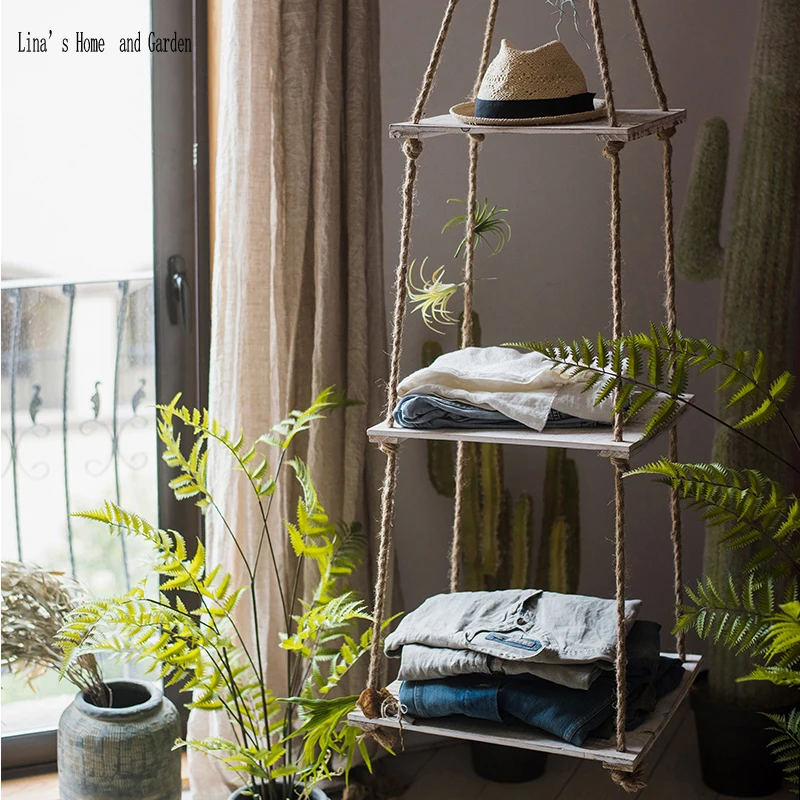 

countryside handmade 3 tier vintage shabby DIY Rope and Wood Shelving