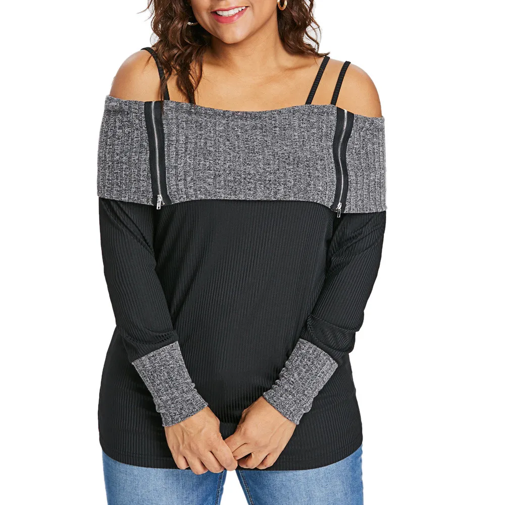 Women Plus Size Top Long Sleeve Patchwork Off Shoulder Strapless