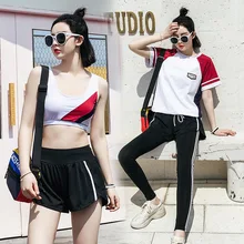 Для женщин спортивный костюм спортивные штаны для фитнеса или йоги+ рубашка+ бюстгальтер для занятия йогой прочные кроссовки для бега, йоги облегающие леггинсы с принтом спортивный костюм для женщин