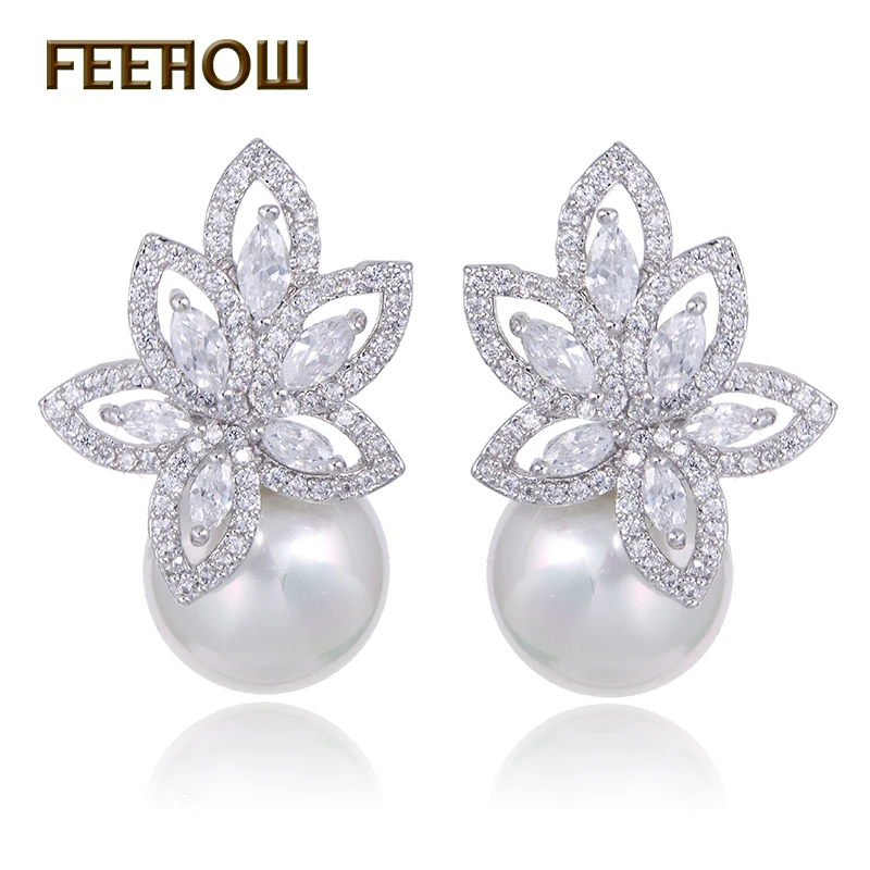 

FEEHOW New Arrival Silver Color Flower Jewelry Micro Inlay Top Quality Zircon Simulated Pearl Stud Earrings Women FWEP185