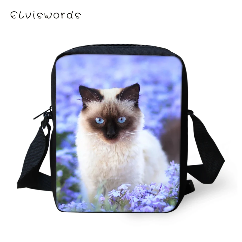 

ELVISWORDS Women Messenger Bags Flower Siamese Cats Prints Women's Flaps Shoulder Bags Kawaii Animal Pattern Travel Mini Purses