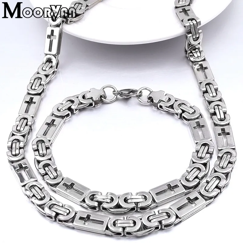 Moorvan уникальное плоское византийское ожерелье/браслет(55,5 см+ 22,5 см) Мужская цепочка с крестом ювелирный набор VBD028