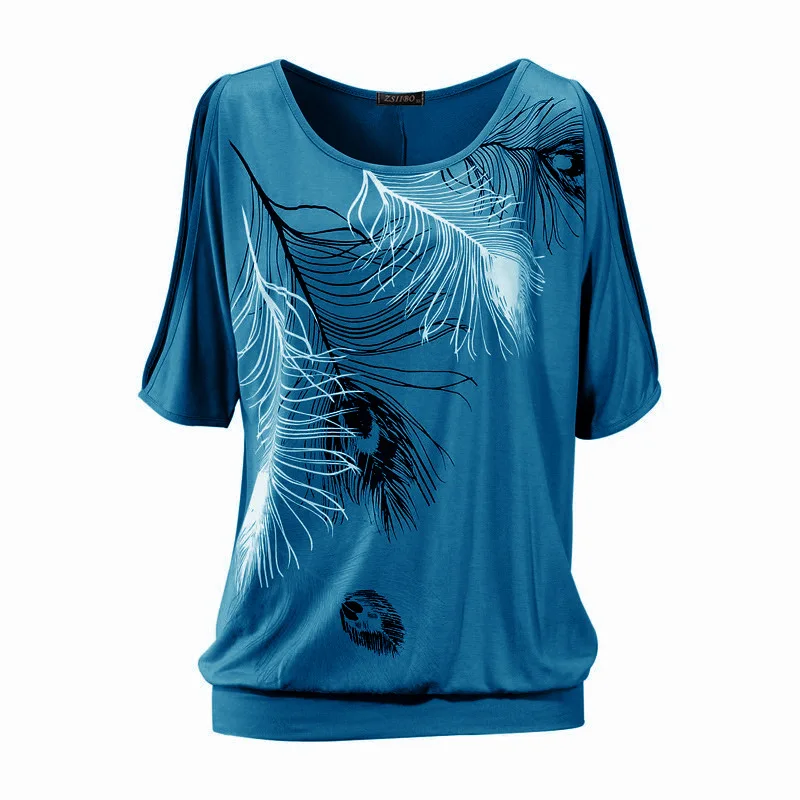 Прямая поставка, женская футболка с открытыми плечами, футболка с перьями и круглым вырезом, блузки без бретелек, короткий рукав, свободная футболка NV29 P - Цвет: Blue