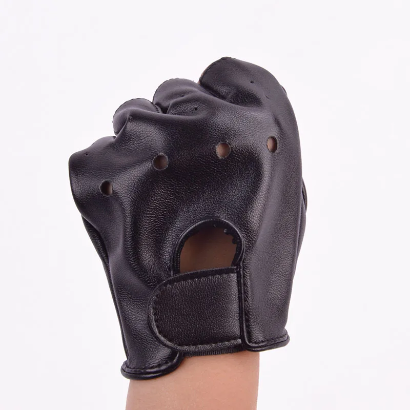 Прохладный моложе мальчик девочка кожаные перчатки без пальцев детей наполовину палец черный варежки для От 5 до 13 лет
