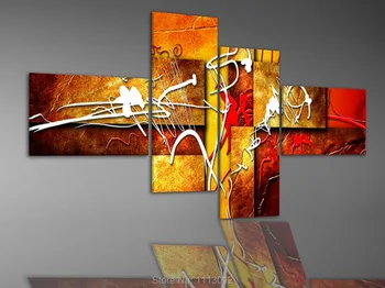 

Hand Painted Yellow Modern Line Letter Oil Painting On Canvas 4 Panel Arts Sets Home Abstract Wall Decor Picture for Living Room
