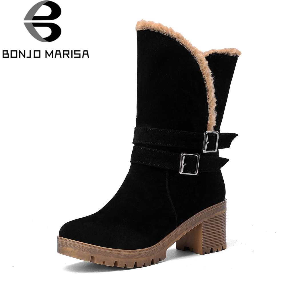 

BONJOMARISA New women's Solid Square High Heels Round Toe Hot Sale Shoes Woman Casual Winter Boots Big Size 34-43