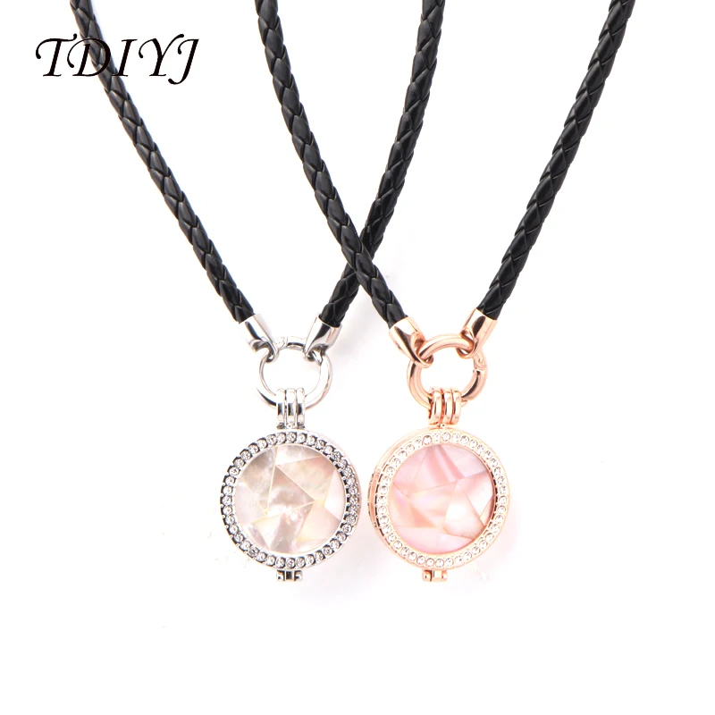 

TDIYJ New Arrival My Coin 33MM Pink Leather Cord Necklace 45CM Interchangeable Shell Coin Holder Frame Pendants for Women 1Set