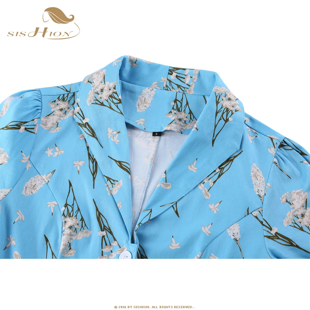 Plus Size Women's Sky Blue Floral Cotton Tunic Vintage Dress with Dandelion Print from SISHION image 3