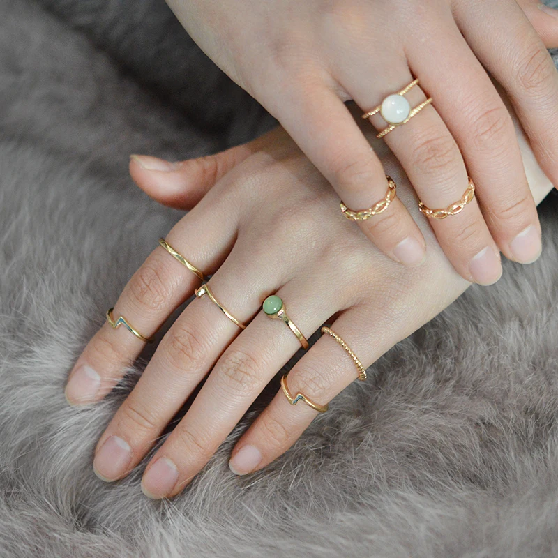 

9 pz/set Simple Fashion Wavy Water Ripple Woven Stripe Geometric Stacking Ring Lucky Irregular Smooth Moonstone Women Jewelry