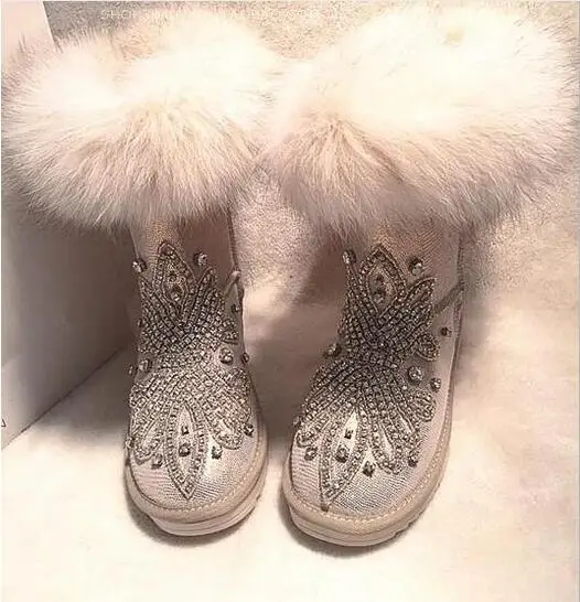 Top Selling 2016 Luxury High Quality White Bling Bling Crystal Fur Inside Winter Snow Boots Top Designer Women Mid Calf Boots
