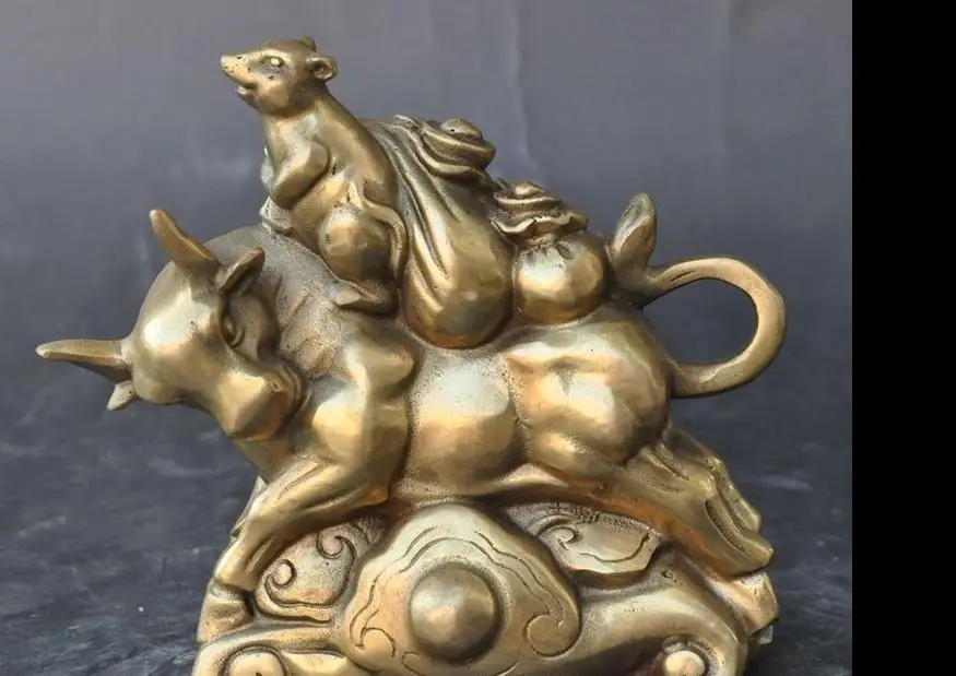 

671115607+++Chinese brass fengshui Oxen Bull Mice mouse wealth lucky art money bag statue