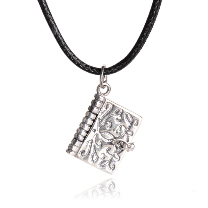 

925 Sterling Silver Necklace Bali Retro Note Book Pendant Black Leather Chain Fashion Special Birthday Gift Love Letter