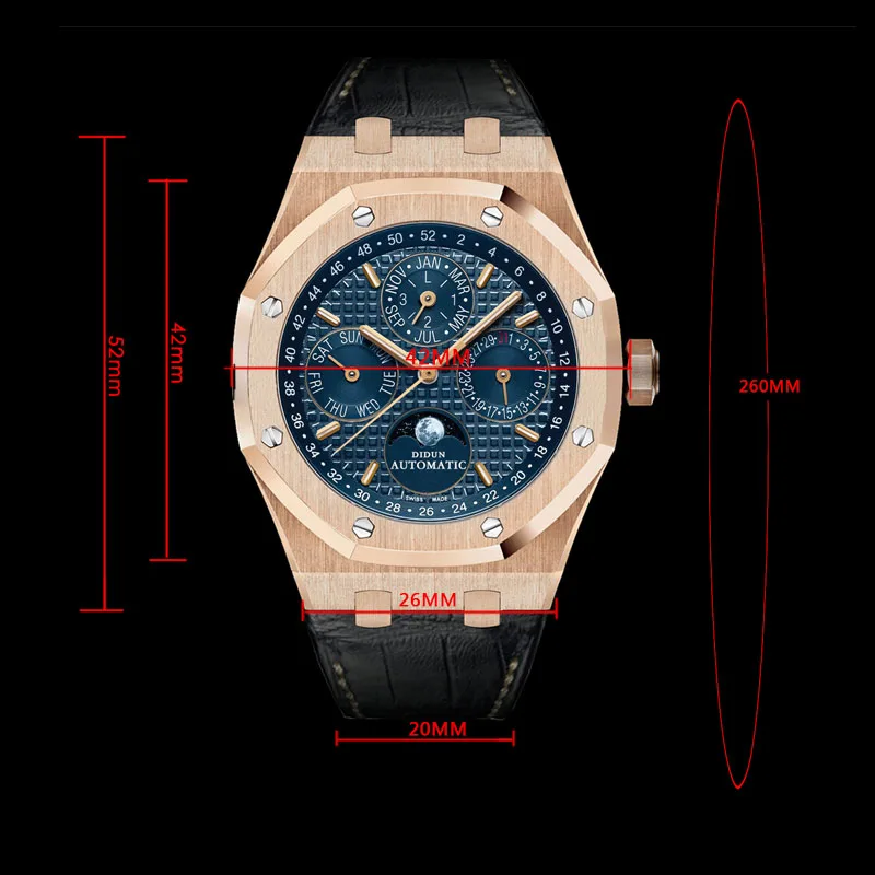 DIDUN watch Men Top Brand Luxury Mechanical Automatic Rose gold Watch Military Business Watch Moonphase Leather strap Wristwatch