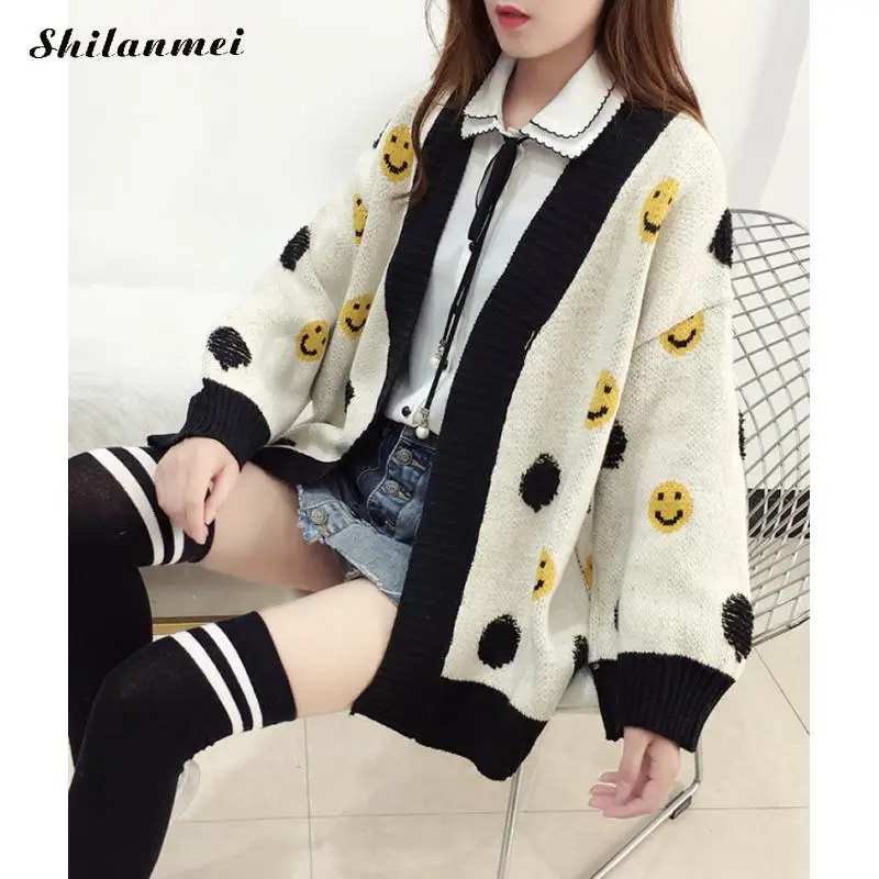 

Autumn Sweater Loose Korean Medium Length Long Sleeve V Neck Smile Face Pantern Knitted Sweater Cardigan Women Jumper Coat Femme