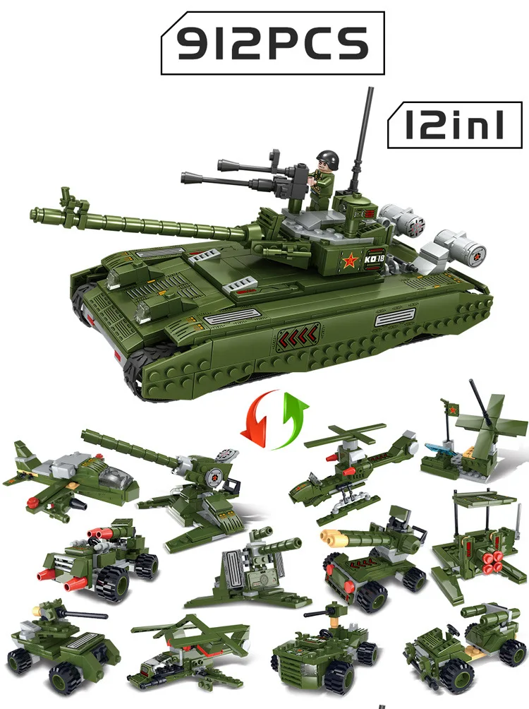 

912pcs 12 In 1 LegoINGlys MILITARY 99 Type Heavy Tank Army DIY Model set Building Blocks Kit Educational Toys for Children Gifts
