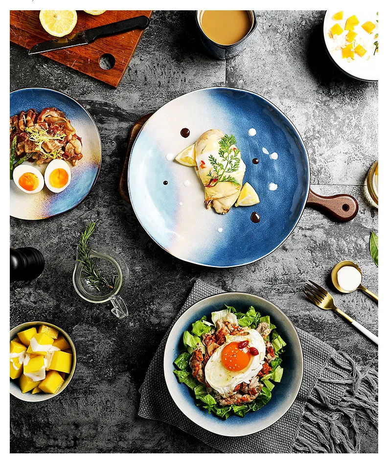 ANTOWALL, набор посуды из американской керамики, бытовая миска для риса, лапши, супа, тарелка для рыбы, плоский диск, градиентный синий xinghe