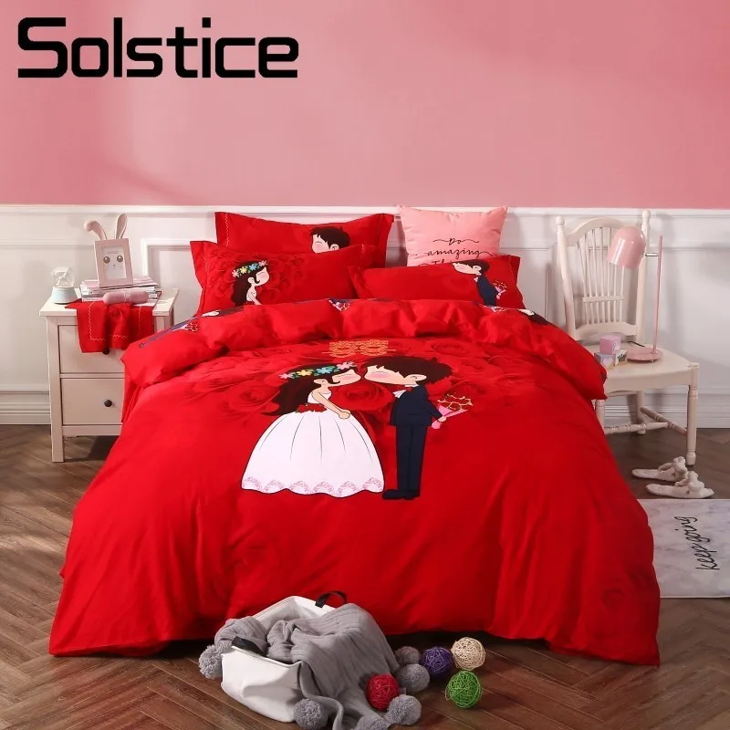 Solstice Home Textile Couple Bedding Sets Wedding Red Rose Cotton
