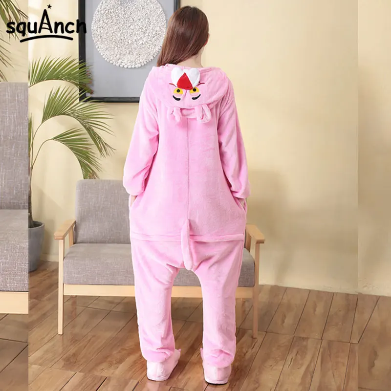 Panther Kigurumis Onesie Women Adult Animal Pajama Cartoon Kitty Leopard Overall Funny Sleepwear Winter Warm Soft Party Suit