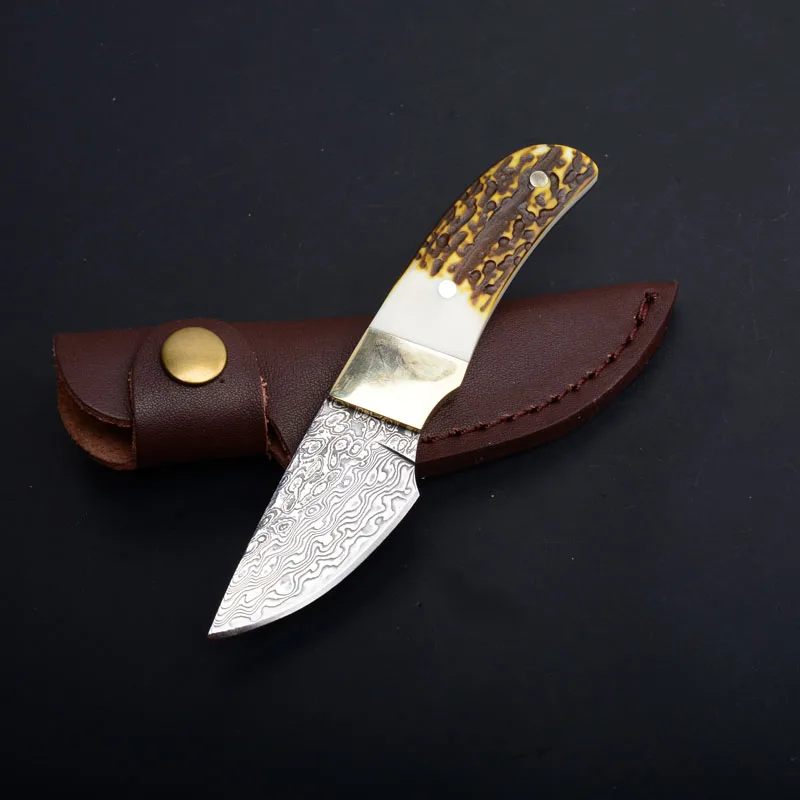 damascus fixed blade knife antler handle outdoor camping hunting survival pocket rescue edc tools  (5)